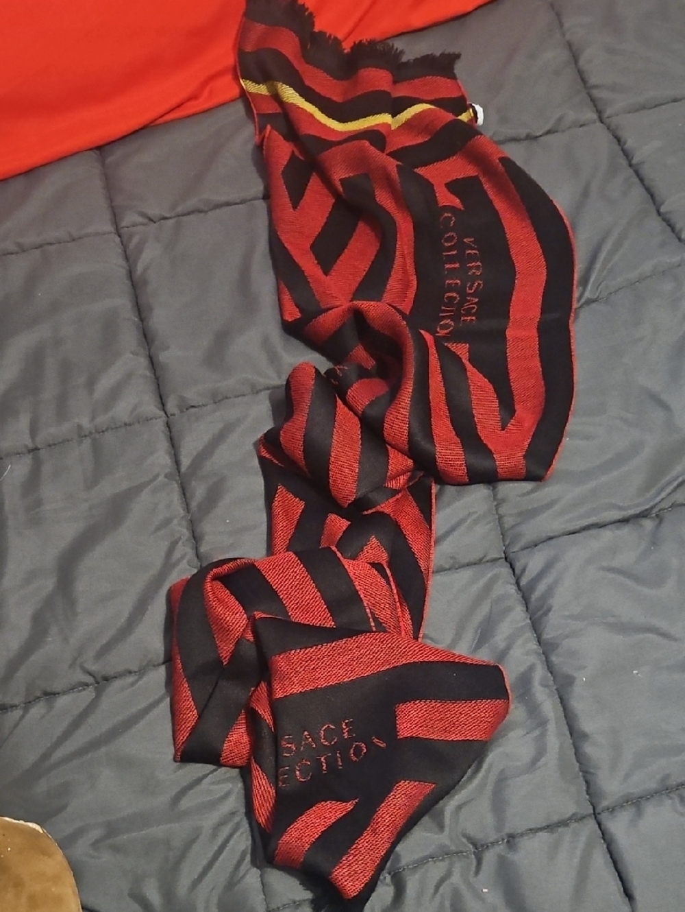 Versace Black & Red Striped Logo Scarf with Yellow Accent